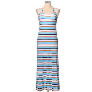 Beautiful Long TOMMY BAHAMA Striped Colorful Built In Bra Halter Maxi Dress XS